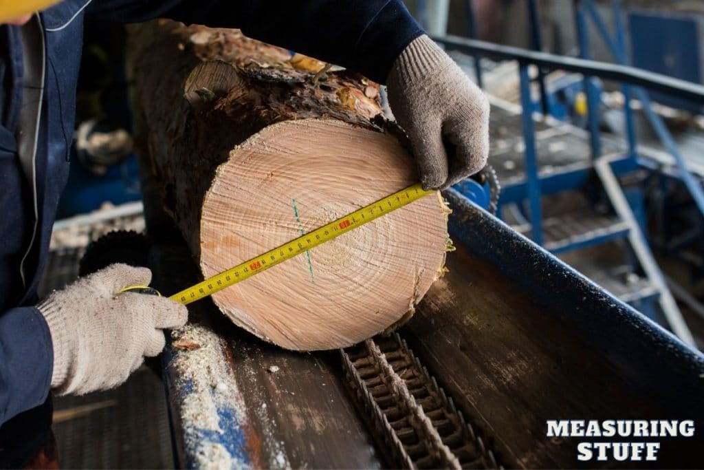 person measuring the diameter of a log