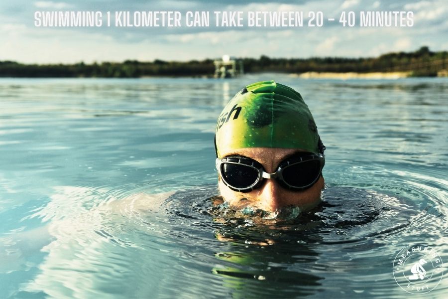 On average, swimming 1 kilometer can take between about 20 and 40 minutes. 
