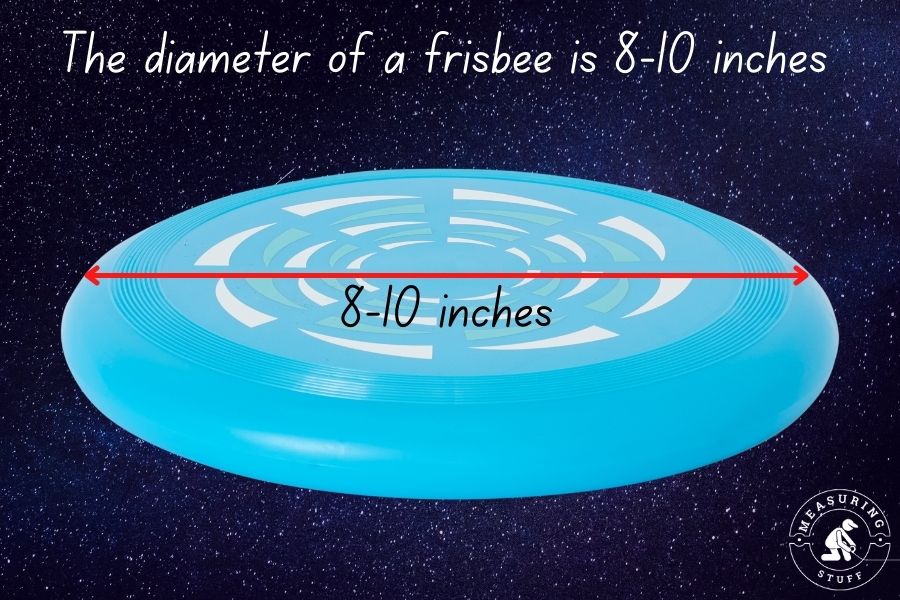 Blue frisbee showing diameter of 8-10 inches