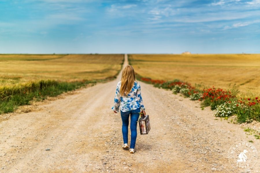 woman carrying suitcase on walking path