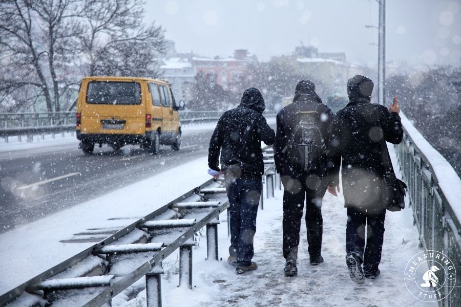 3 people walking on sidewalk in snow