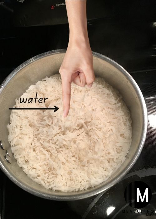 index finger on rice in pot