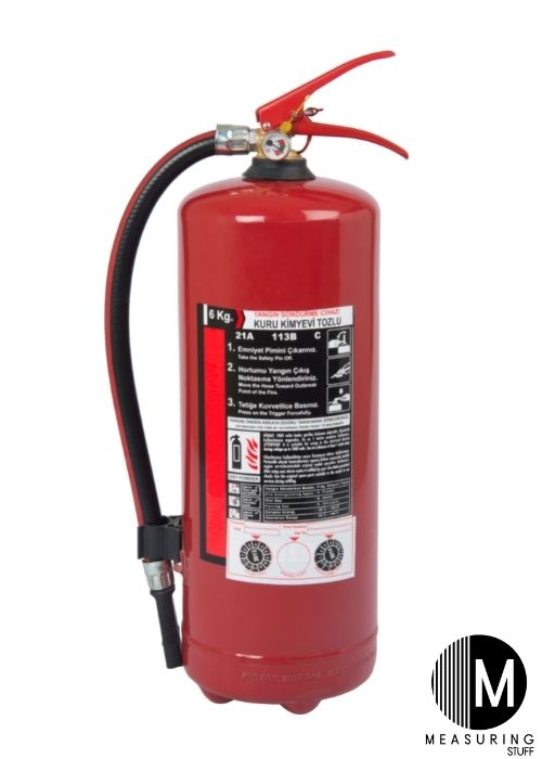 red fire extinguisher with label