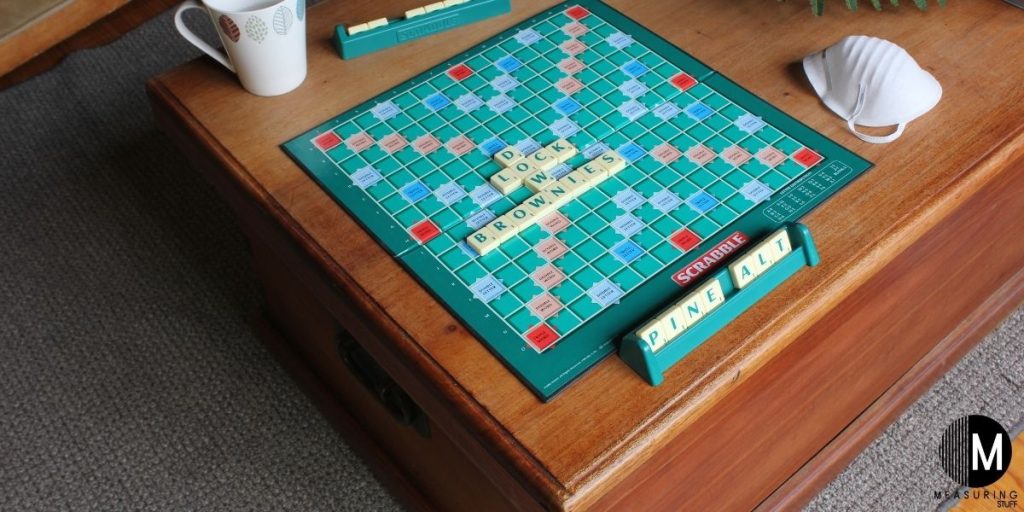 standard scrabble board on wood table