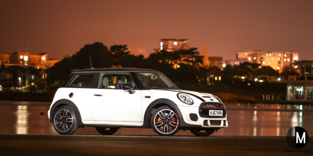 white mini cooper at night