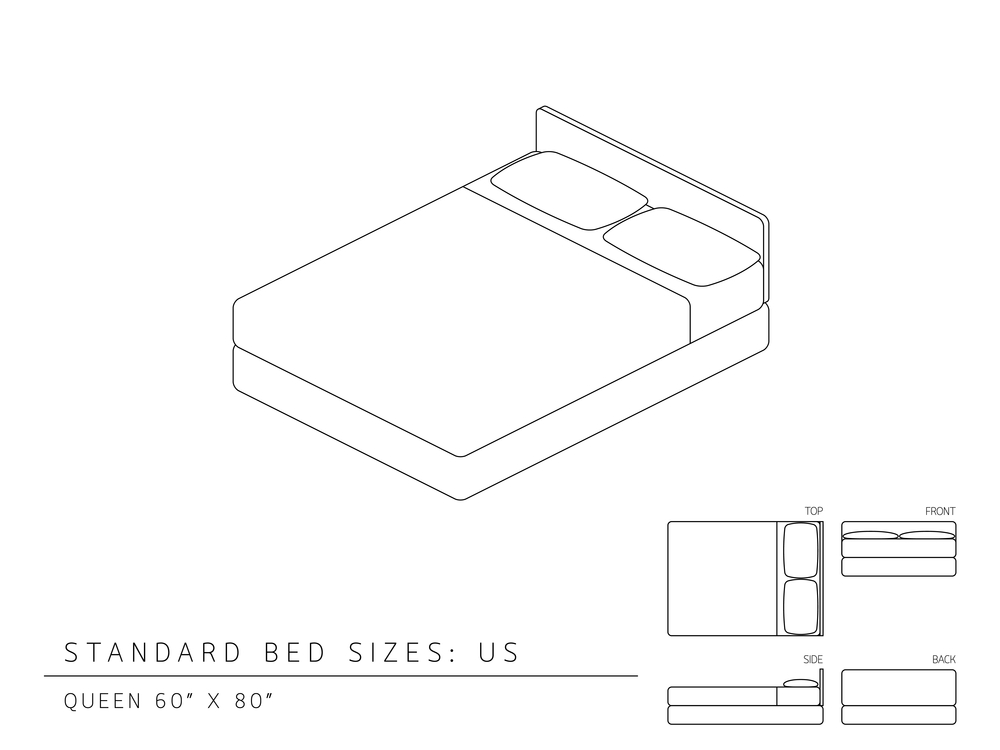 Standard bed sizes of us (United States of America) Queen size 60 x 80 inches perspective 3d with dimension top front side and back view illustration outline set black and white color