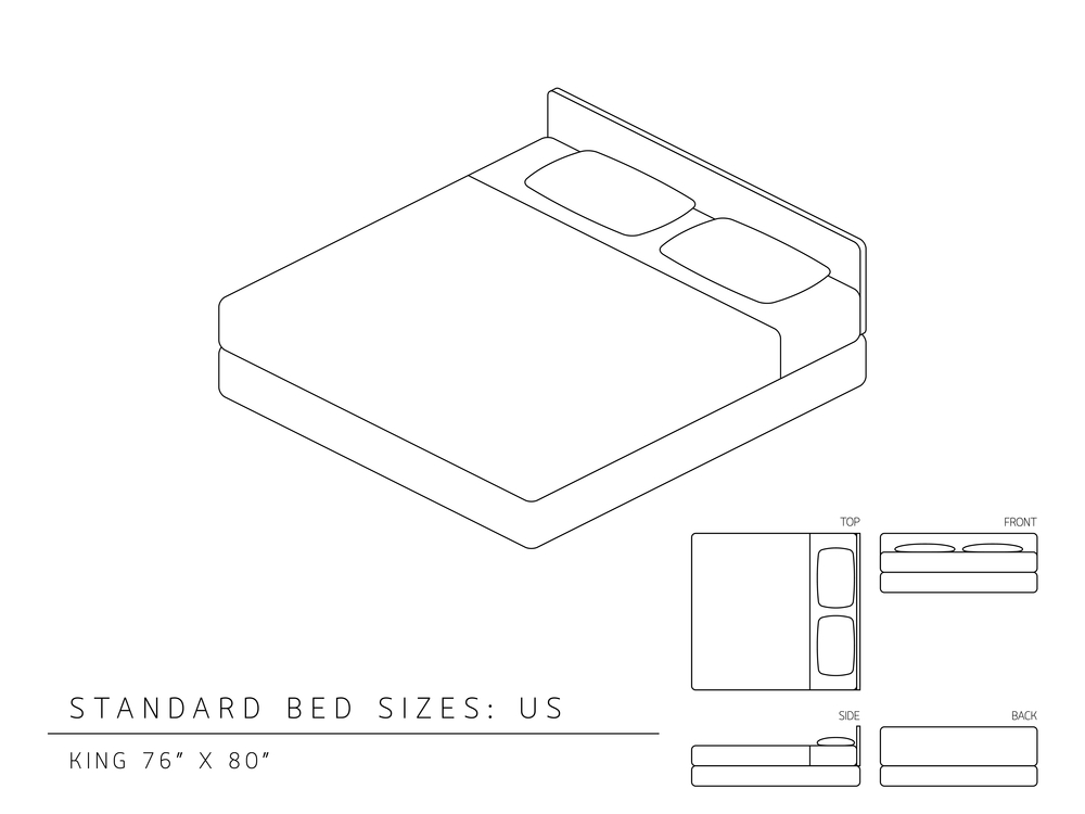 Standard bed sizes of us (United States of America) King size 76 x 80 inches perspective 3d with dimension top front side and back view illustration outline set black and white color