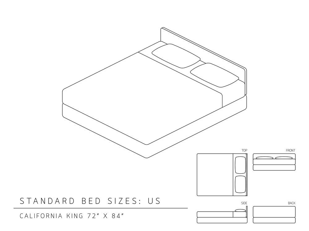 Standard bed sizes of us (United States of America) California King size 72 x 84 inches perspective 3d with dimension top front side and back view illustration outline set black and white color
