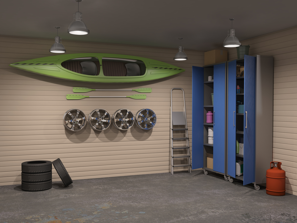 kayak mounted to a garage wall