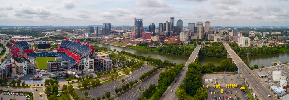 Aerial drone image of Downtown Nashville Tennessee - Titans Stadium