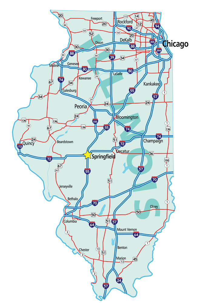Illinois state road map with Interstates and U.S. Highways.