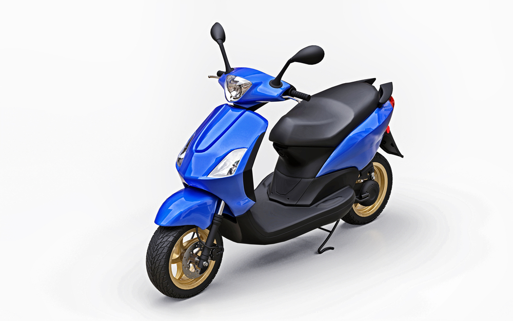 Modern urban blue moped on a white background. 3d illustration