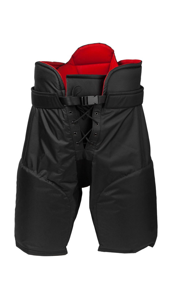 Black and red ice hockey protective equipment pants isolated on white background.