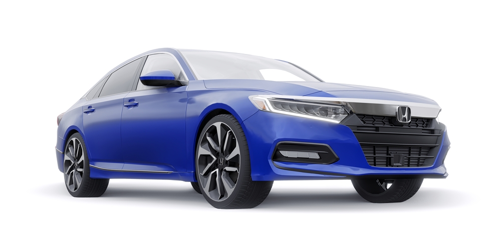 Honda Accord 2020: Blue large hybrid business sedan for work and family. 3D illustration.