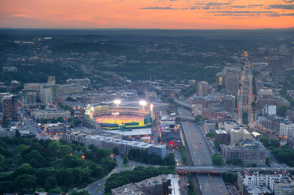 Boston aerial view at sunset with cityscape and buildings. Fenway Park