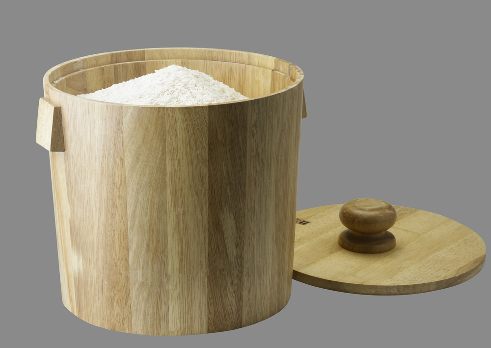 rice in a wooden bucket
