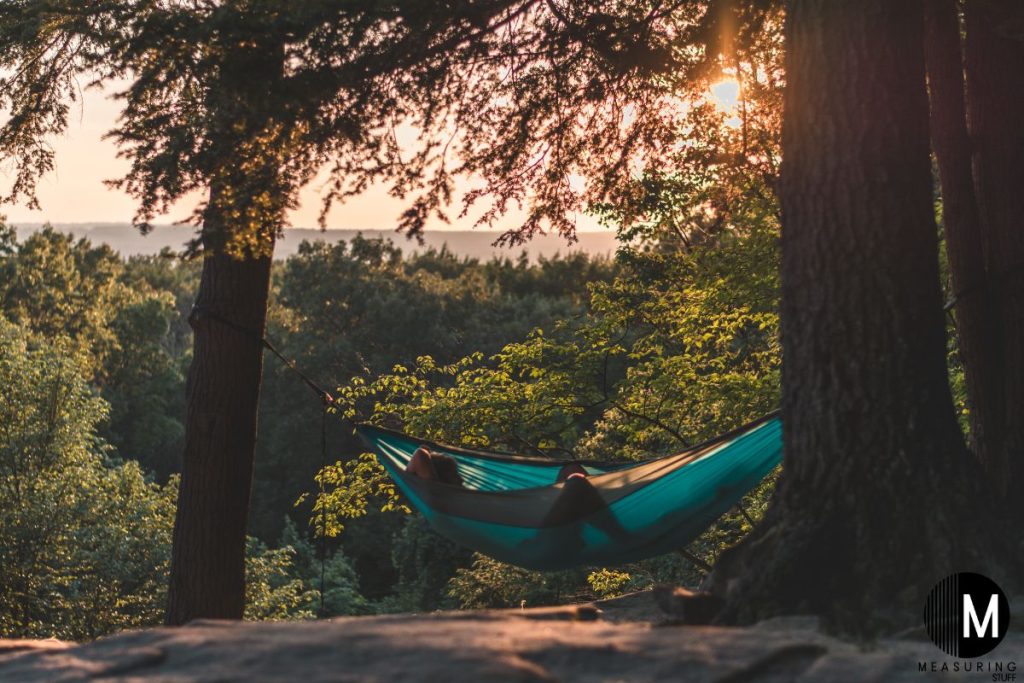 man on a hammock in the woods at dusk