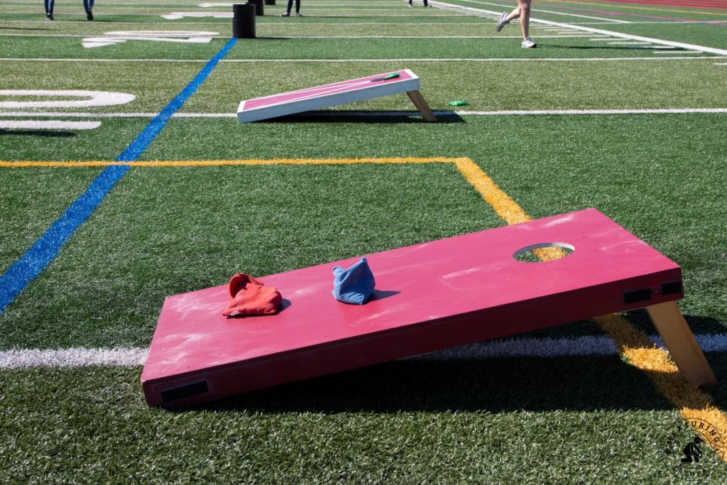cornhole board with pitchers box