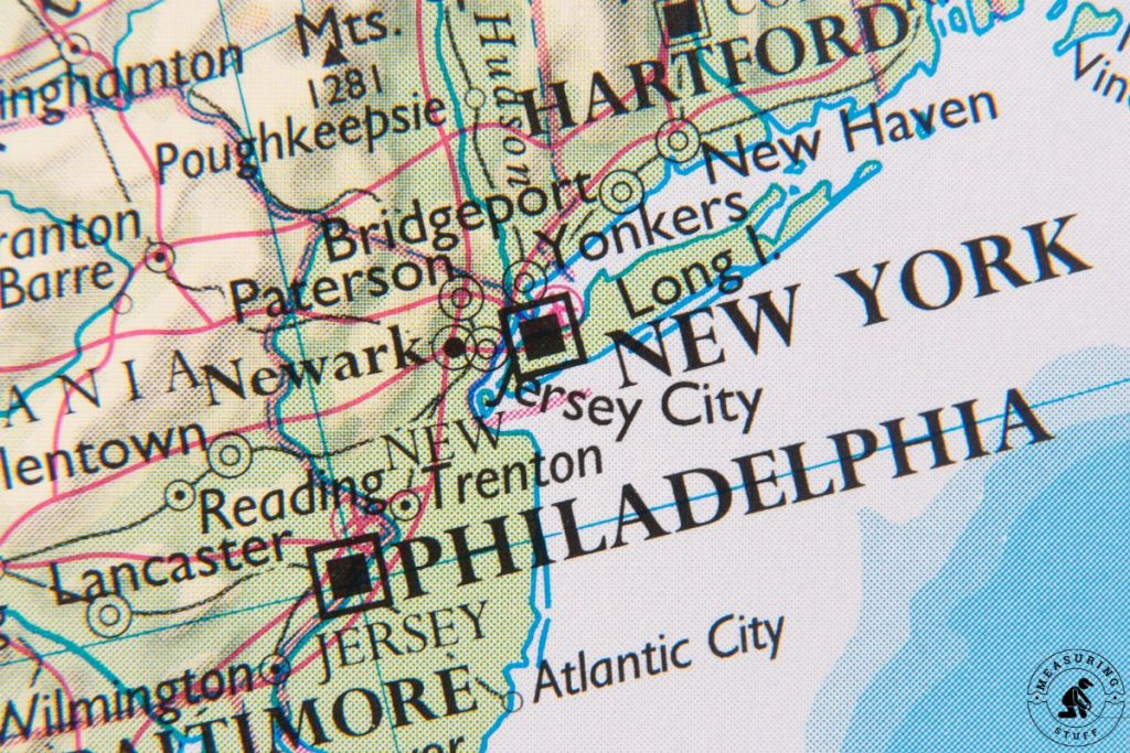 New York and Philadelphia on a map