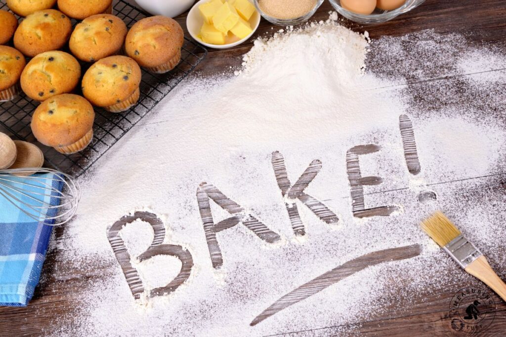 the word bake written in flour