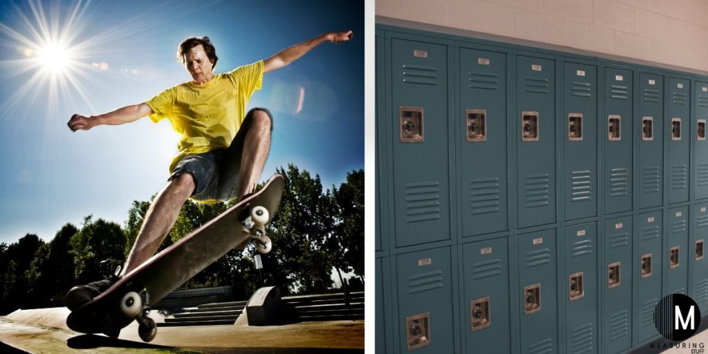man on a skateboard and school lockers