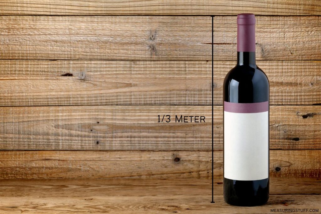 wine bottle against a wooden wall showing a reference to 1/3 meter tall