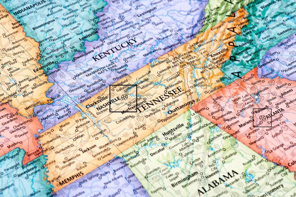 map of Nashville and Atlanta