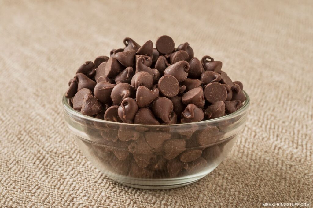chocolate chips in a clear bowl