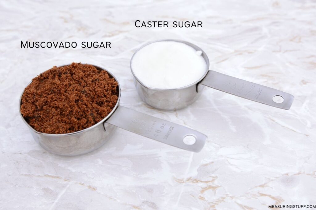 measuring cups with muscovado and caster sugar