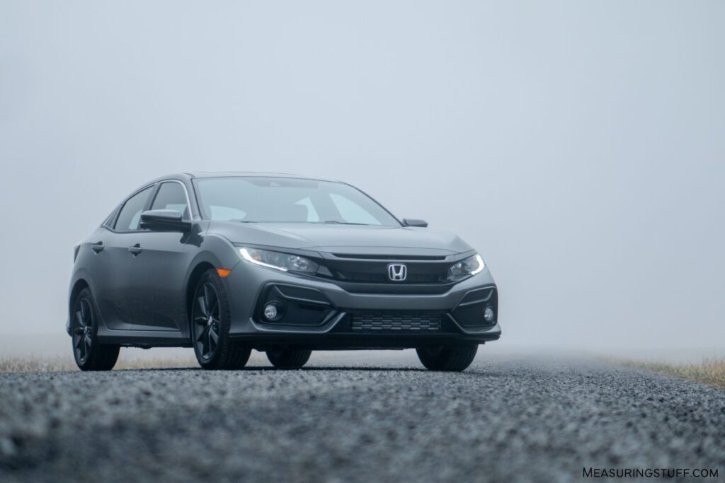 Newer gray Honda Civic on a foggy day